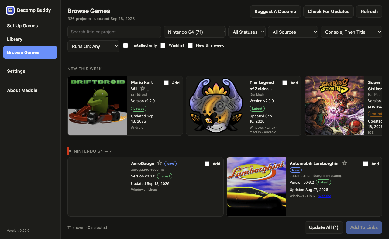 Browse Games, filtered to Nintendo 64, showing cards with box art, version, status badges and platforms.