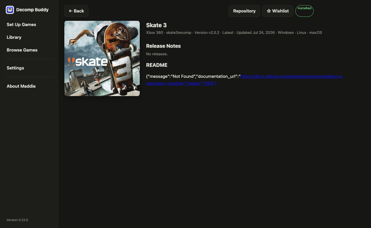 A game's detail page with its README, screenshots and release notes.