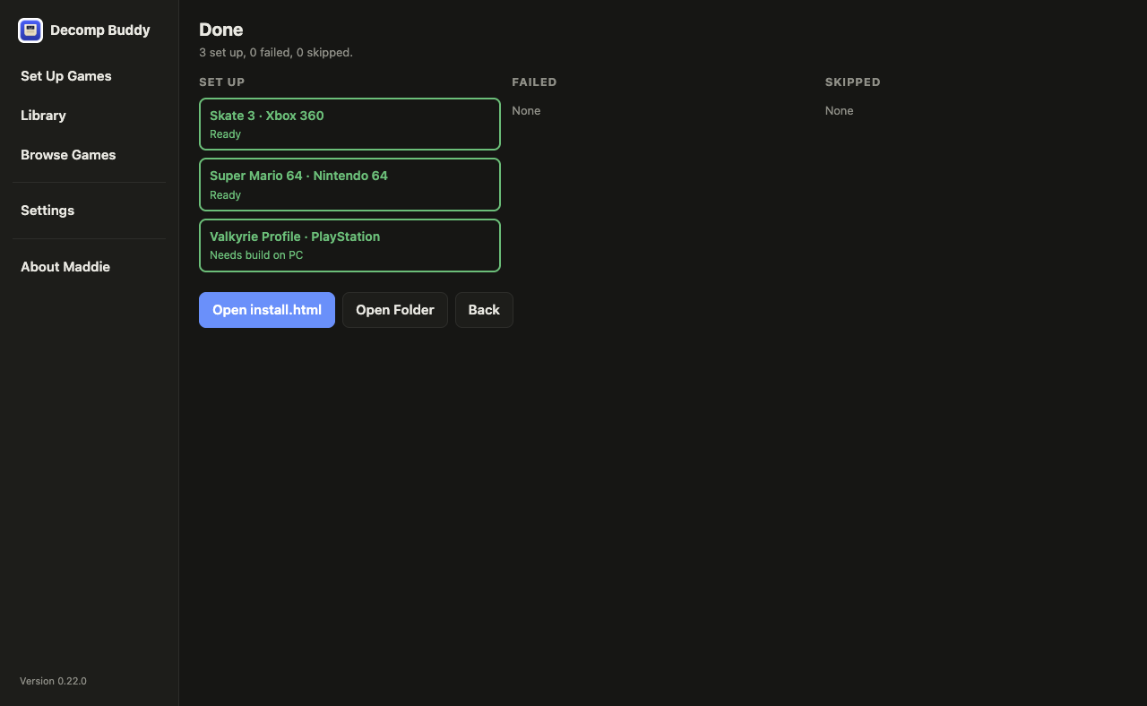 The results screen with three columns: set up, failed, skipped.
