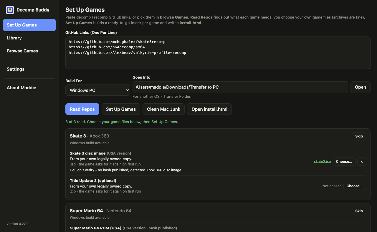Set Up Games after reading three repositories, showing per-file rows with Choose buttons and verification results.